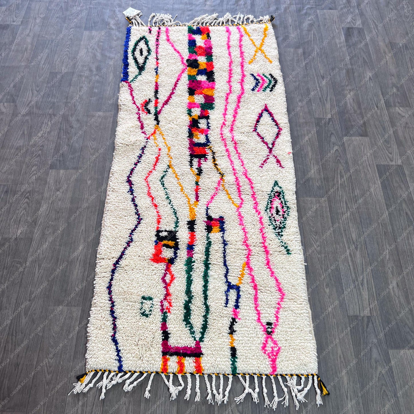 Azilal Moroccan Runner Rug - Handwoven Wool Shag - 2.7x6.3 ft / 84x191 cm