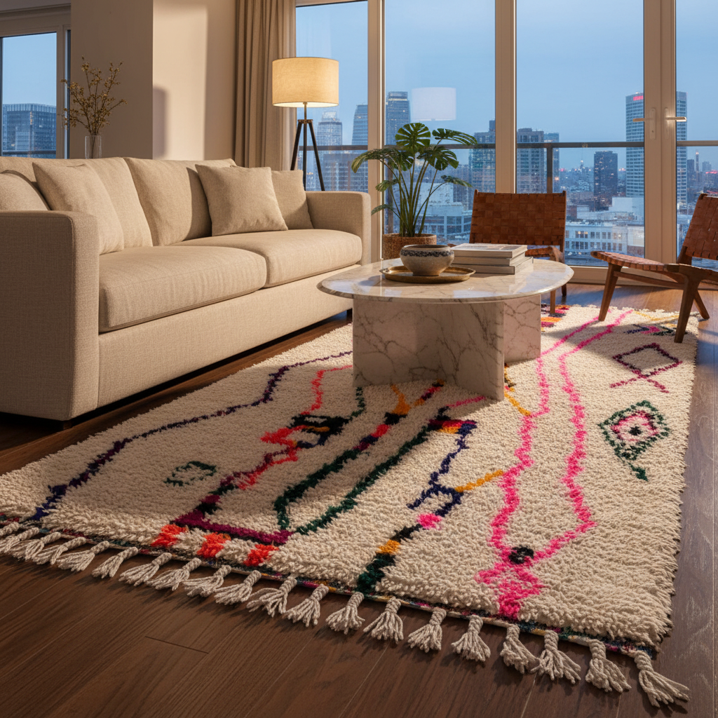 Azilal Moroccan Runner Rug - Handwoven Wool Shag - 2.7x6.3 ft / 84x191 cm