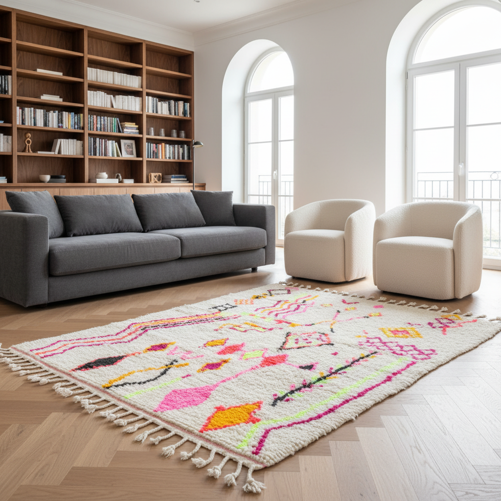 Authentic Azilal Moroccan Rug - Handwoven Wool Shag - 4.8x6.6 ft / 147x200 cm