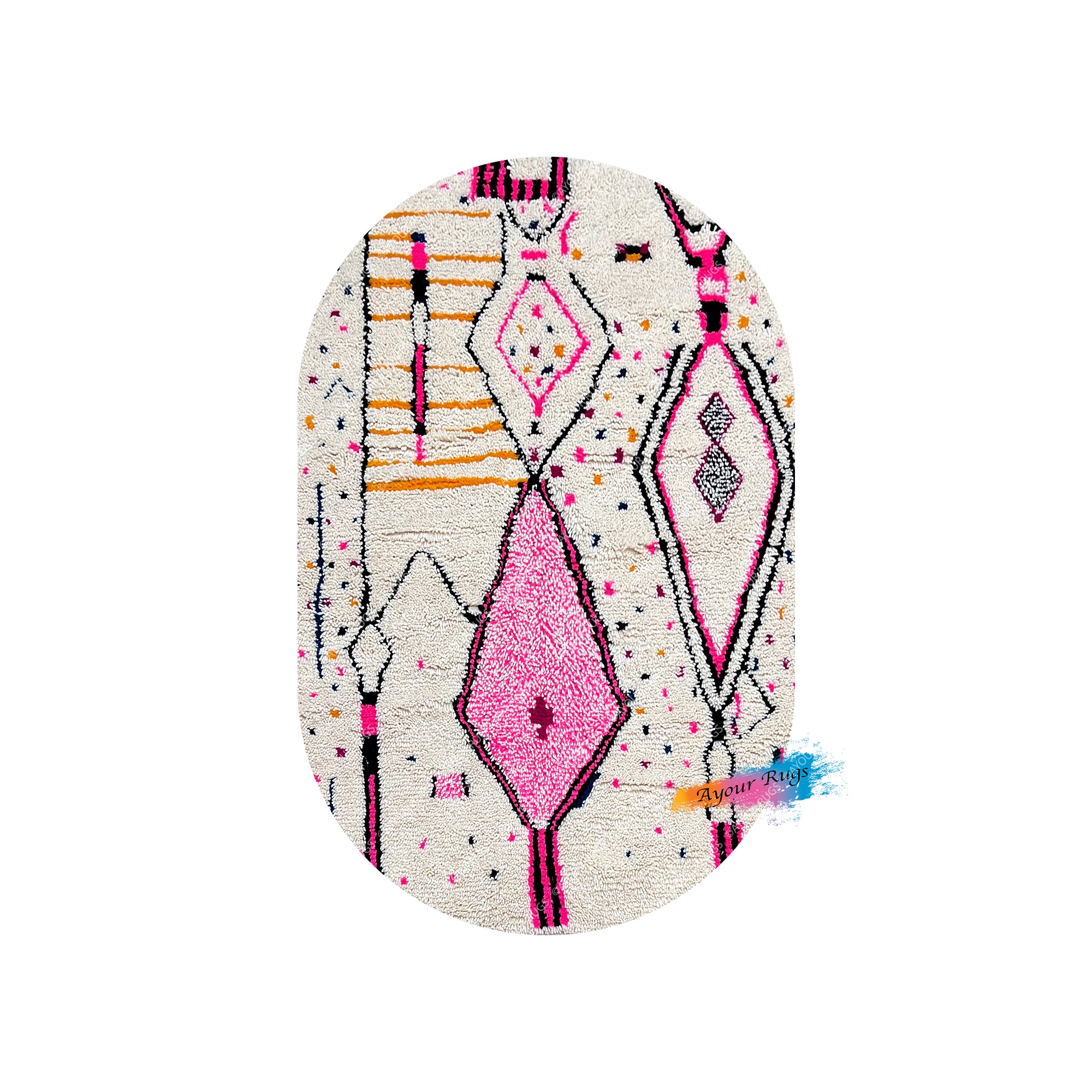 a vibrant, colorful rug with a geometric pattern in shades of pink, orange, and black.