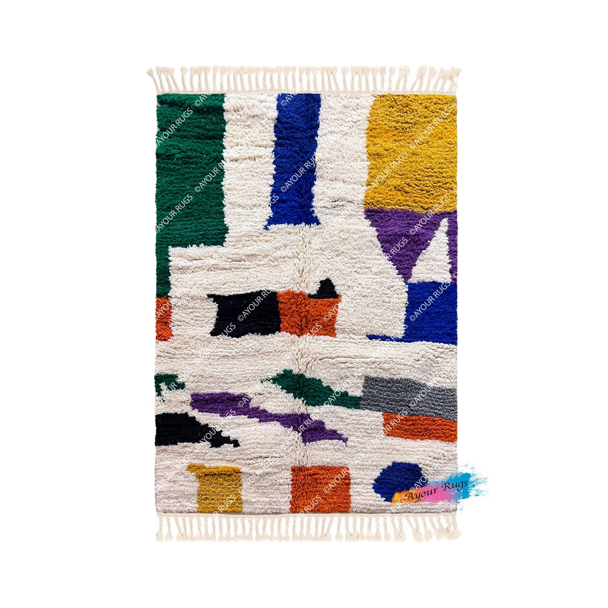 a vibrant, multicolored rug with a geometric pattern.