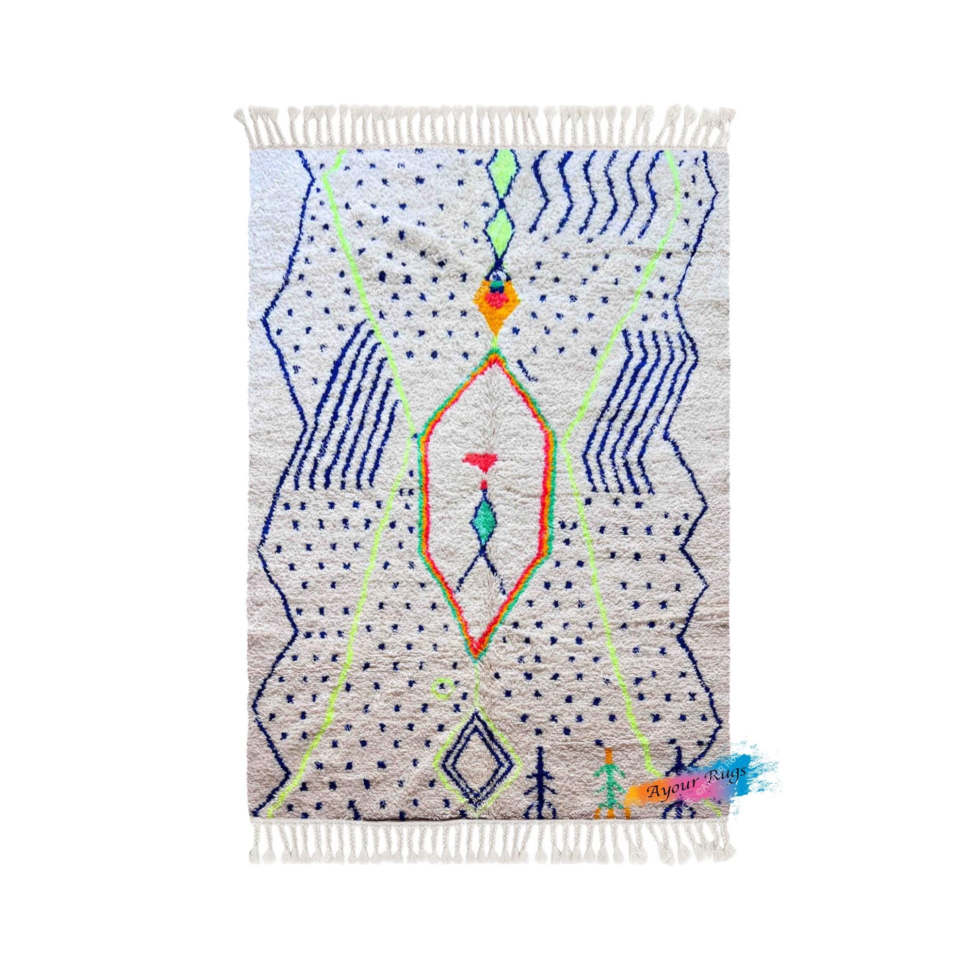 a colorful, geometric rug with a mix of blue, green, and orange patterns.