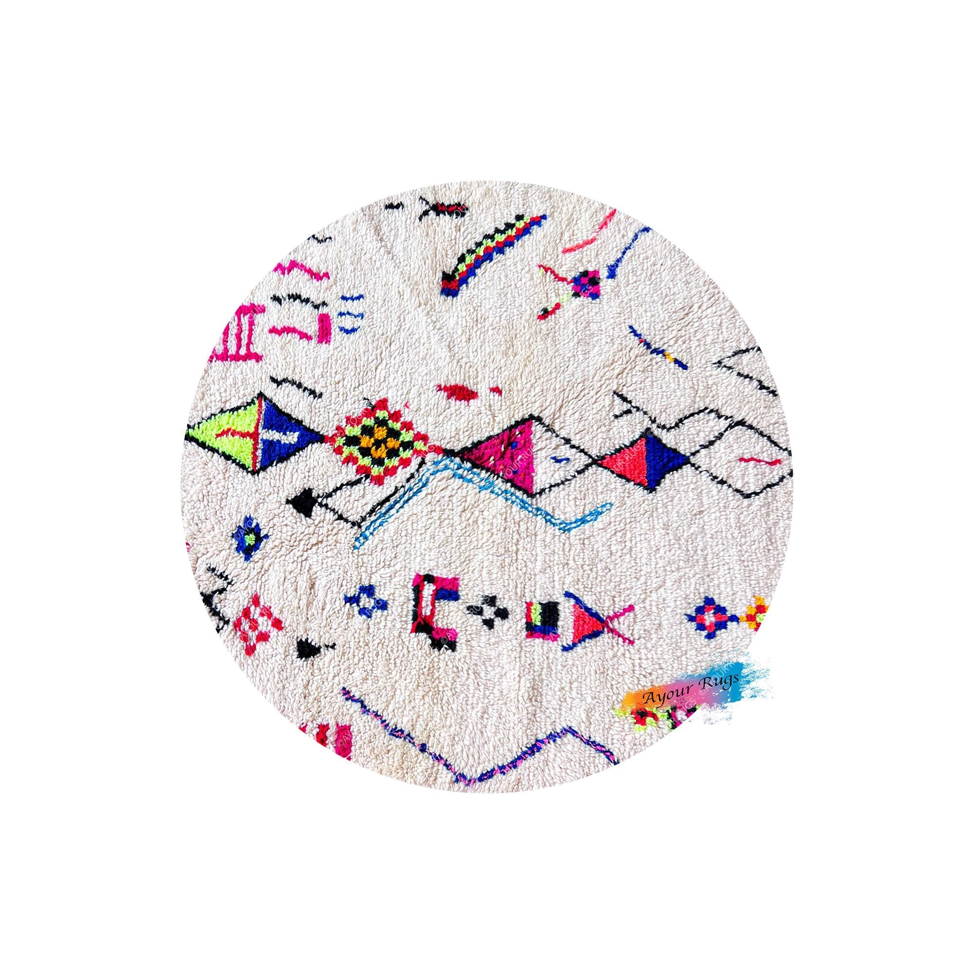 Round Tapi | Marocain | 4.5 x 4.5 ft / 137 x 137 cm | Moroccan Rug | Azilal Teppich | Morocco | Beni Ourain Rug | Azilal Rug | Beni Rug