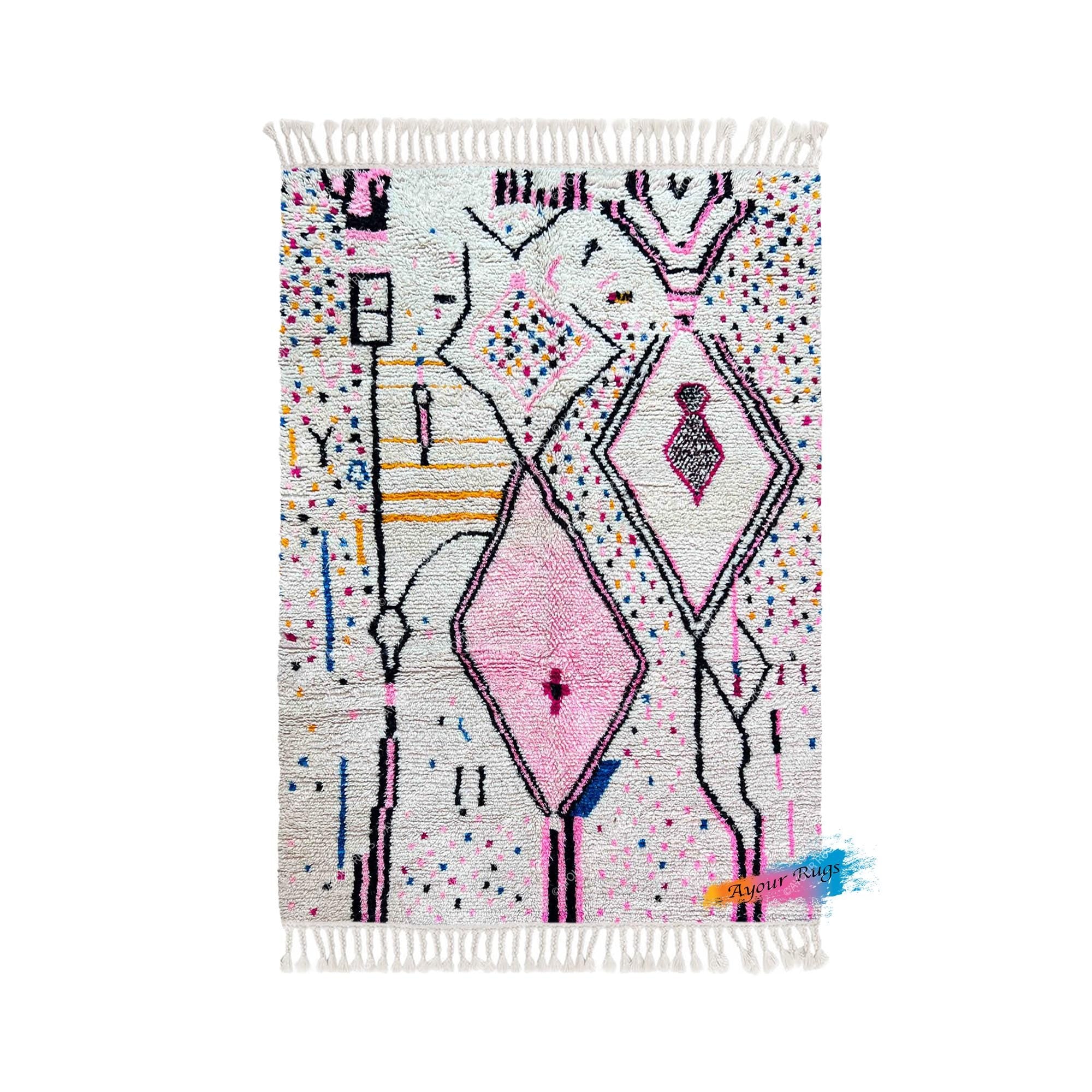 a colorful, abstract rug with various geometric shapes and patterns in shades of pink, white, and black.