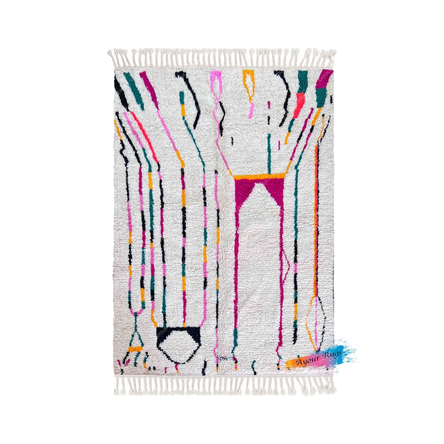 Moroccan Rug With Pink | 6.6 x 7.1 ft / 200 x 215 cm | Fabulous Azilal Rug | Striped Berber Rug | Wool Berber Rug | Rugs Carpets | Rug