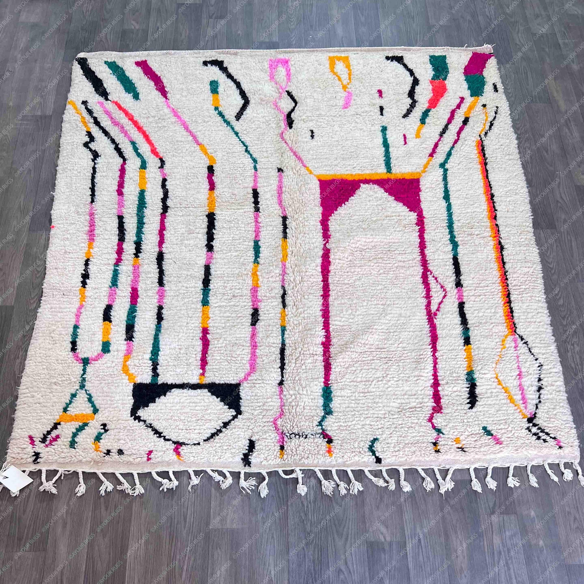 Moroccan Rug With Pink | 6.6 x 7.1 ft / 200 x 215 cm | Fabulous Azilal Rug | Striped Berber Rug | Wool Berber Rug | Rugs Carpets | Rug